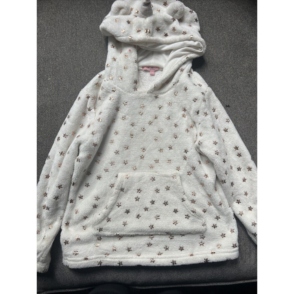 BCBG Girls Fleece Hoodie  6 White Gold Star Print With Ears Pullover - Picture 6 of 7